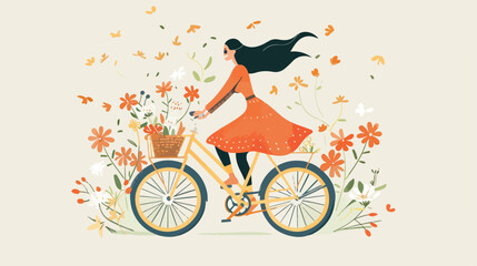 Woman riding a bike in spring with flowers in the bas