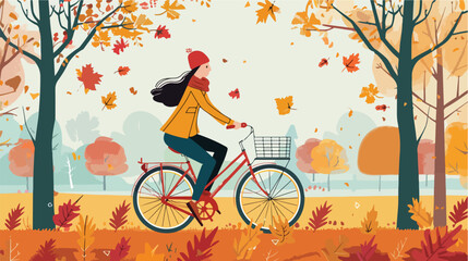 Woman riding bike in autumn. Vector illustration 
