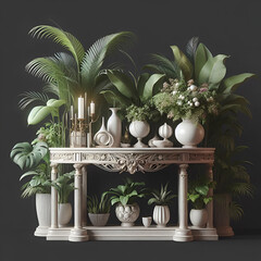 Stylish Old Elegant Fancy Ornate Opulent Wooden Accent Console Table Presentation with Potted Green Plants Isolated on Transparent Background. Living Room Entryway Entrance Interior Decor Home Design