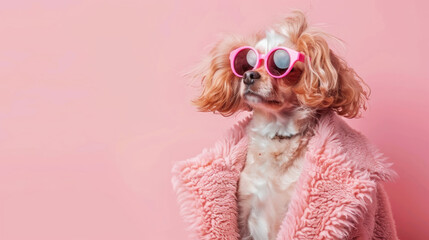 A dog looking fashionable in sunglasses and a pink coat