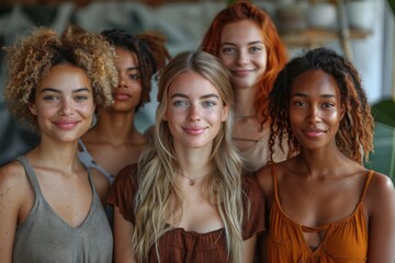 A diverse group of six women smiling for a photo, representing beauty in diversity and collective joy