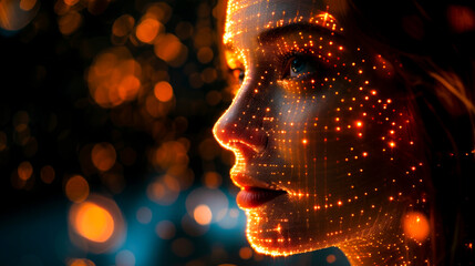 Close-up of a digital female face in cyberspace. Copy space