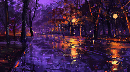 Violet and orange hues mix on wet asphalt in an expressionist oil painting of a lonely night park scene,  