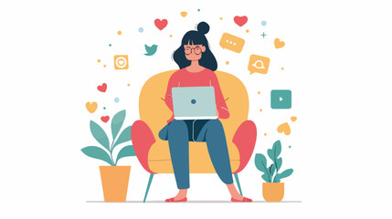Woman sitting with a laptop social media icons. Vecto