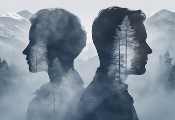Double exposure profile portrait of a man and a woman, adorned with forest and trees. Poster, collage, art.