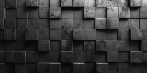 A black and white photo of a wall made of black blocks