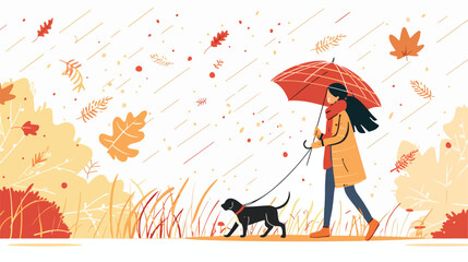 Woman walking a dog in autumn with umbrella. Cute illustration