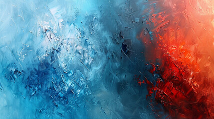 Icy blue and fiery red create a striking contrast in a modern abstract oil painting with a grunge texture.