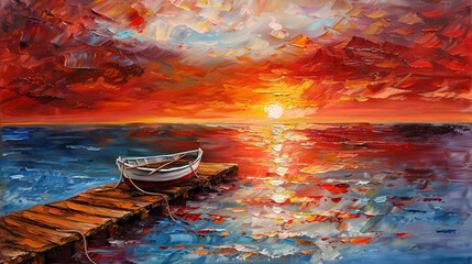 Impressionistic oil painting of a boat and jetty at sunset with vivid color reflections.