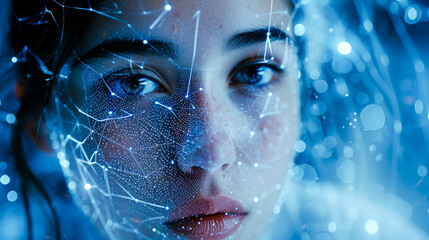 Close-up of a digital female face in cyberspace. Copy space