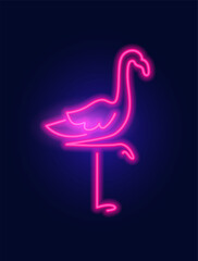 Fashion flamingo, neon sign. Night bright signboard, Glowing light bird. Summer logo, emblem for Club or bar concept