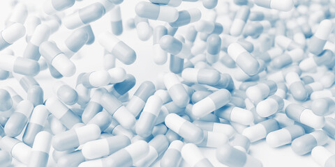White blue pills close up. Development medicine and pharmacology