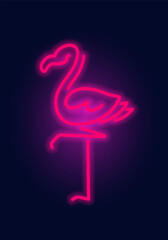 Fashion flamingo, neon sign. Night bright signboard, Glowing light bird. Summer logo, emblem for Club or bar concept