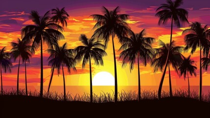 Fototapeta na wymiar Tropical Sunset Silhouette with Palm Trees and Vibrant Sky