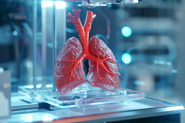 A 3D render of a Japanese medical laboratory bioprinting a 3D organ. An advanced machine is manufacturing an artificial lung with airways and blood vessels from a digital CAD model.