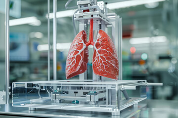 A 3D render of a Japanese medical laboratory bioprinting a 3D organ. An advanced machine is manufacturing an artificial lung with airways and blood vessels from a digital CAD model. 