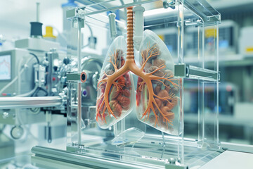 A 3D render of a Japanese medical laboratory bioprinting a 3D organ. An advanced machine is manufacturing an artificial lung with airways and blood vessels from a digital CAD model. 