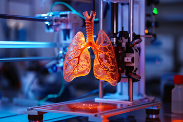 A 3D render of a Latino medical laboratory bioprinting a 3D organ. An advanced machine is manufacturing an artificial lung with airways and blood vessels from a digital CAD model.