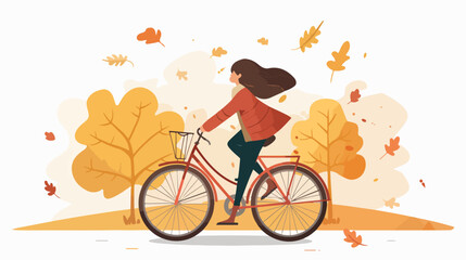 Woman with a bike in autumn. Vector illustration in