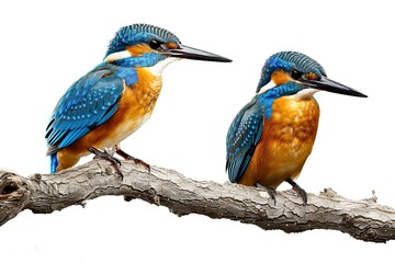 beautiful two kingfisher birds standing in a branch of tree isolated on white background 