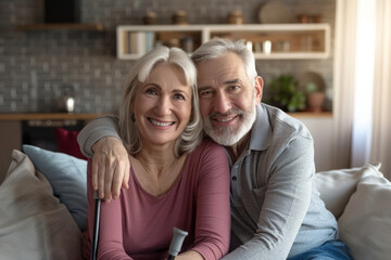 A cheerful senior family couple, the husband and wife, resting on the sofa in their living room at home, with a crutch by their side. The retired man and woman, both sporting gray hair