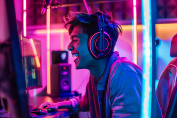 A Hispanic podcaster, exuding joy, delivering content into a microphone in a studio illuminated by...