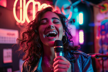 A Hispanic podcaster, exuding joy, delivering content into a microphone in a studio illuminated by neon lights.