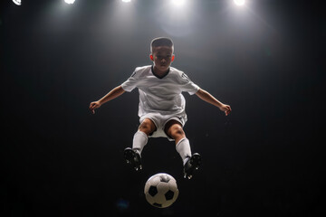 A Japanese child soccer football player jumps and kicks the ball mid-air on a black background under a spotlight in an aesthetic shot. T