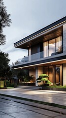 Obraz premium A Vertical Image Of A Modern House With A Flat Roof And Huge Windows.