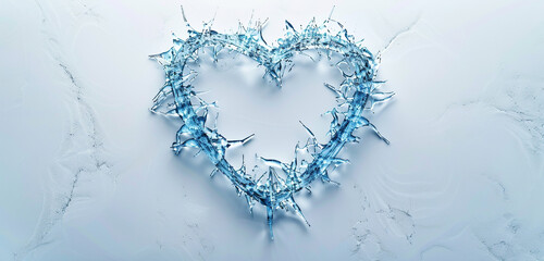 Stark depiction of a heart attack on a clinical white background, with icy blue fragmented lines forming a heart, conveying sudden isolation and urgency.