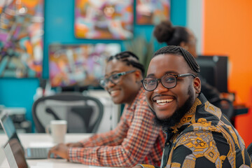 A pair of joyful Black professionals collaborating in a vibrant office setting.