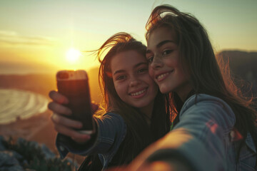 A pair of teenage girls, close friends, immersing themselves in nature during the sunset hours. They capture a memorable moment by taking a selfie with a smartphone during their walk.