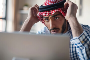 A perplexed Arab man stares at his computer screen, looking baffled and frustrated as he attempts to grasp complex information or rectify a software glitch