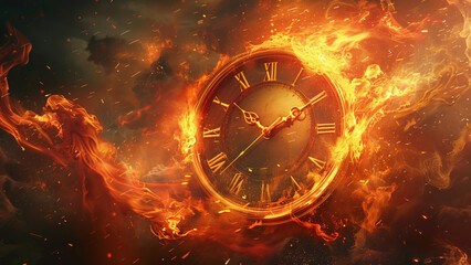 Time on Fire: Abstract Realistic Illustration of Clock Intertwined with Flames, Abstract Art Depicting Clock Amidst Fire