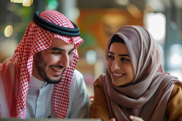 A pair of Arabian business partners working together in a collaborative office environment, both smiling.