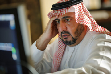 A perplexed Arab man stares at his computer screen, looking baffled and frustrated as he attempts to grasp complex information or rectify a software glitch, 