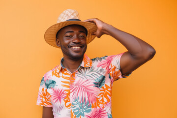 A man radiating happiness in summer attire, cheerfully tipping his hat in greeting against an orange background. This picture captures the essence of a joyful summer vacation moment.