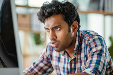 A puzzled Indian man looks at his computer screen with a furrowed brow, appearing perplexed and perhaps feeling a sense of inadequacy as he tries to make sense of complicated concepts