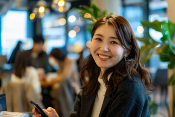 A smiling Japanese female professional utilizing her smartphone in a creative, contemporary office setting.