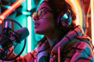 An Indian podcaster immersed in conversation into a microphone, surrounded by neon lights in the studio.