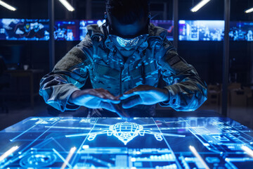 Anmilitary intelligence expert uses a holographic augmented reality table with a blueprint of a drone for futuristic warfare strategy. 