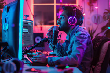 An Indian podcaster immersed in conversation into a microphone, surrounded by neon lights in the studio.