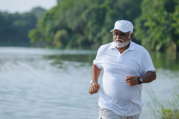 An Indian senior man listening to music while running by the lake in nature. The elderly man is exercising to stay healthy, vital, enjoying physical activity and relaxation outdoors.