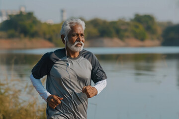 An Indian senior man listening to music while running by the lake in nature. The elderly man is exercising to stay healthy, vital, enjoying physical activity and relaxation outdoors.