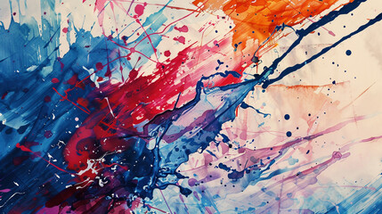Expressive splashes of watercolour paint dancing across the canvas, evoking a sense of dynamic movement and energy against a backdrop of bold, contrasting paint strokes.