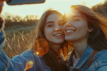 Best friends, teenage girls, savoring the beauty of nature during sunset. They pause to take a selfie with their smartphone as they stroll through the scenic surroundings.