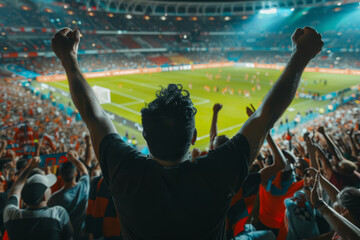 Backview of fans cheering for their team in a stadium during a soccer championship match. The teams play, and crowds of fans celebrate victory and goals. Football cup tournament with supporters