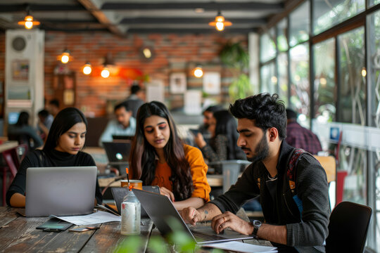 Indian coworkers collaborating in a lively co-working area.