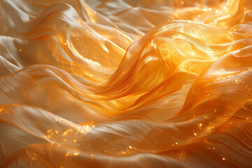 Flowing textile fabric cascades upwards against a backdrop of shimmering gold in an abstract background, backdrop