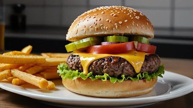 burger with meat, cheese, cucumbers and tomato and lettuce, french fries on a white plate on the kitchen table, appetizing hamburger, cheeseburger, fast, junk food
